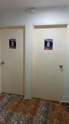 two white doors with signs on them in a room at Cool view budget hotel in Cameron Highlands