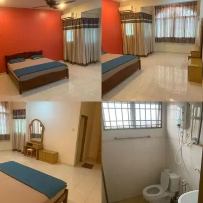 three pictures of a bedroom with two beds and a bathroom at TD Homestay in Ipoh