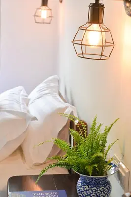 a table with a plant on it next to a bed at Sarang Paloh Heritage Stay in Ipoh