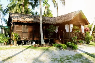 a small house with a thatched roof and palm trees at Rumah Inap Kampung Agong Tempua in Penaga