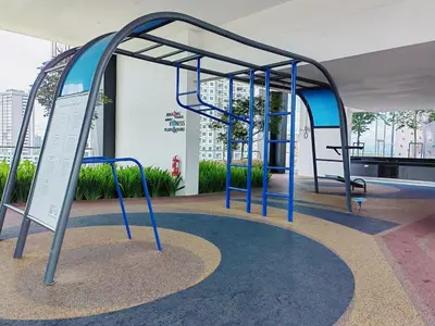 a blue metal structure in a building at Urban Suites Jelutong Georgetown 2BR Leisure City Night View in Jelutong