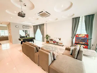 a living room with a couch and a pool table at Fairy 2 Pool Villa Ipoh 26 Pax Kbox Snooker Lego in Ipoh