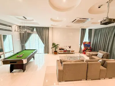 a living room with a pool table in it at Fairy 2 Pool Villa Ipoh 26 Pax Kbox Snooker Lego in Ipoh