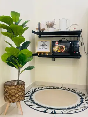 a plant sitting on a floor next to a shelf at Diyyans Homestay Ipoh in Ipoh