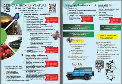 a menu for a restaurant with a blue car and butterflies at Suria Suites Apartment & Guesthouse in Tanah Rata