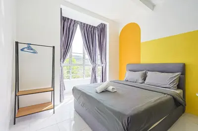 a bedroom with a bed with a mirror and a window at Brinchang Cameron Highland Nest Cool Weather & Cozy 10 Pax Clover Home 8-23A in Brinchang