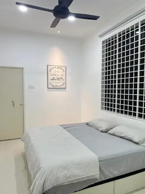 a white bedroom with a bed with a ceiling fan at BungalowD Pool Villa 7R6B with Netflix Enjoyable Movies & Dramas in Ipoh
