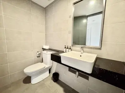 a bathroom with a toilet and a sink and a mirror at Tropicana 218 Macalister #LuxuryFrenchVintage #InfinityPool #Studio2pax #Quality well maintained #Private host in George Town