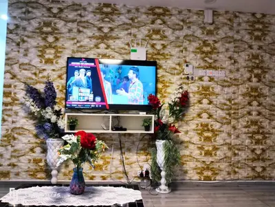 a living room with a tv on a stone wall at RJ design homestay in Kampong Batu Lapan