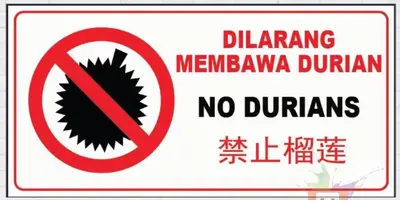 a sign that reads no durians with a prohibiting sign at Sky9Haven Homestay in Ipoh