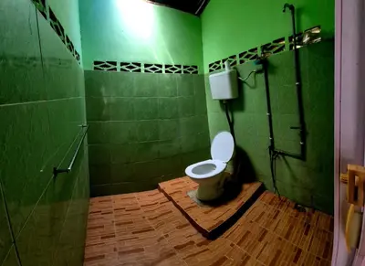 a green bathroom with a toilet and a shower at Devalley Basecamp in Kampong Ulu Dong