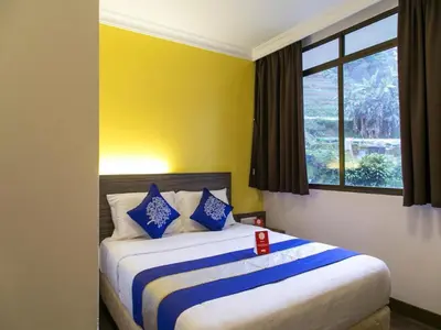 a bedroom with a bed with blue pillows and a window at OYO 229 Parkland Hotel in Brinchang