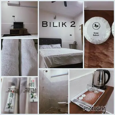 a collage of photos of a hotel room with a bed at Mikhail Roomstay in Dabung