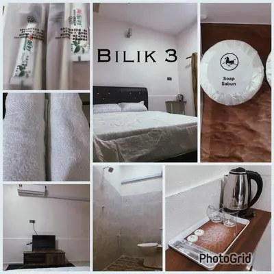 a collage of pictures of a room with a bed and a bathroom at Mikhail Roomstay in Dabung