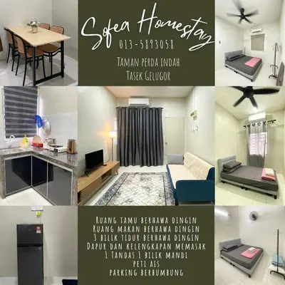 a collage of photos of a living room at Sofea Homestay Tasek Gelugor in Kampong Kubang Menderong