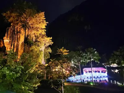 a night view of a park with palm trees and a building at The Haven Lakeside Residences, Lake View Suite IPOH in Gua Sai