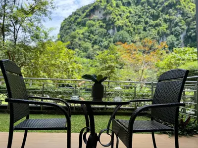a table and chairs with a potted plant on a patio at The Haven Lakeside Residences, Lake View Suite IPOH in Gua Sai
