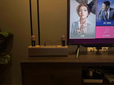 a television with two microphones on a table at Manhattan Ipoh Family Suites By Inn Lux in Ipoh