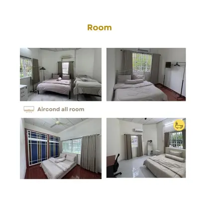 a collage of three pictures of a bedroom at Homestay The White House Balik Pulau Penang in Balik Pulau