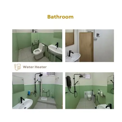 three pictures of a bathroom with two sinks and a toilet at Homestay The White House Balik Pulau Penang in Balik Pulau