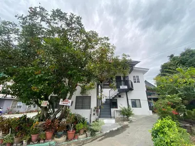 a white house with potted plants in front of it at Roomstay Cikgu Mie in Bayan Lepas