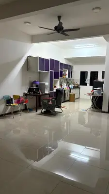 a living room with a white floor and purple cabinets at home sweet home in Kampong Batu Maung