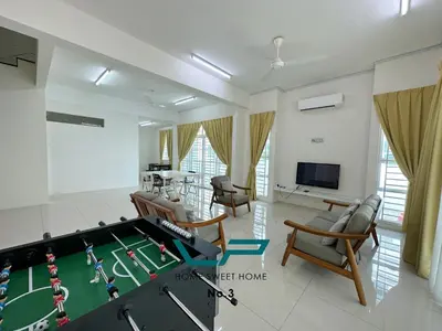 a living room with a pool table and a tv at Penang 6BR ART CONCEPT Friends & Family Villa in Balik Pulau