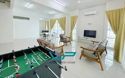 a living room with a pool table and a tv at Penang 6BR ART CONCEPT Friends & Family Villa in Balik Pulau