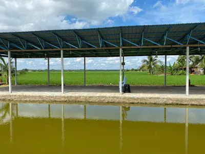 a bench under a pavilion next to a body of water at Galeri Merah Teratak Anak Amas in Sungai Besar