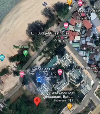 a map of the site of a sea beach at By The Sea - Beachfront Bliss at Batu Ferringhi in Batu Ferringhi