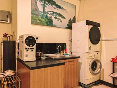 a kitchen with a sink and a washing machine at Tower Regency Hotel & Apartments in Ipoh