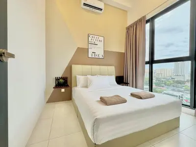 a bedroom with a large bed and a large window at Urban Suites #Tiny walnut 2BR1bath suite #Infinity Pool #4pax #2 Queens #Quality well maintained #Private host in Jelutong