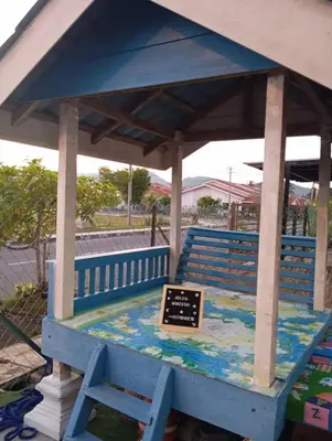 a blue park bench with a sign on it at Auliya Homestay in Gua Sai