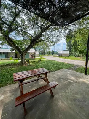 a wooden bench sitting under a tree in a park at Glamping at Xscape Tambun in Ipoh