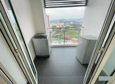 a hallway with a window and two refrigerators in a room at Neamat