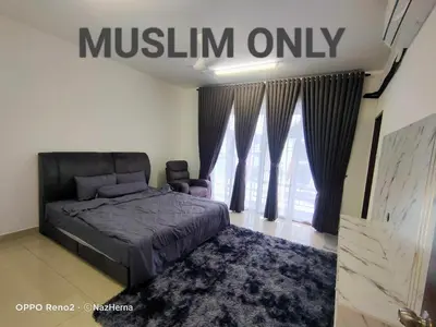 a bedroom with a bed and a large window at NH Stay, Parit Buntar Perak in Parit Buntar