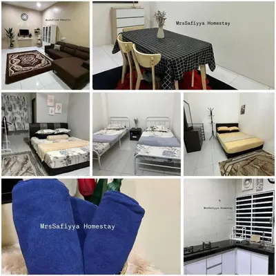 a collage of photos of a room with beds and a table at MrsSafiyya Homestay in Tanjung Rambutan