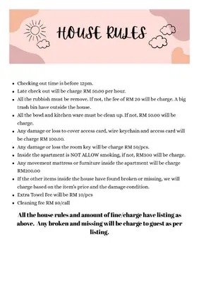 a page of a house rulesletter with a picture of the sun and clouds at Queen Bed Budget Room in Padang Serai