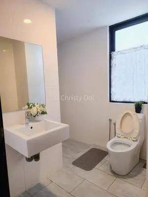 a bathroom with a sink and a toilet and a window at NEW 2BR Sunrise Gurney with Stunning Seaview \u65e0\u654c\u65e5\u51fa\u6d77\u666f\u623f in George Town