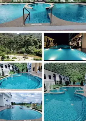 a collage of four pictures of a swimming pool at Sunway Onsen Theme Park View Ipoh in Ipoh