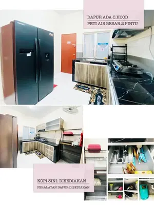 a collage of photos of a kitchen with a refrigerator at Homestay Bajet Teluk Intan in Teluk Intan