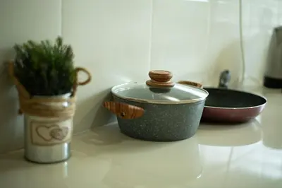 a kitchen counter with two pots and a plant at Spacious 4BR Double Storey Home Balik Pulau in Balik Pulau