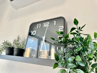 a clock sitting on top of a shelf with plants at Cozy Sea & City View Penang, 3BR-10PAX b30 in George Town