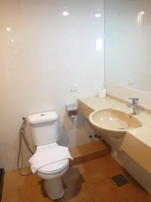 a bathroom with a white toilet and a sink at Red Rock Hotel Penang in George Town