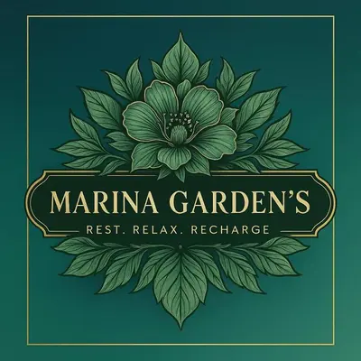 a label for a marina garden with a flower at Marina sunset view in Lumut