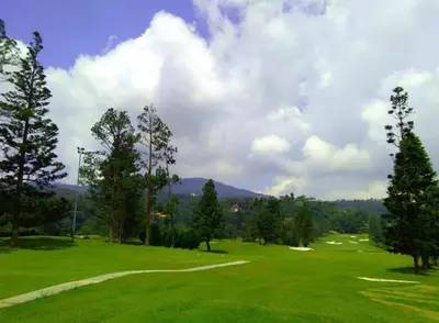 a golf course with a green field and trees at BANGALOW Cameron Highlands in Tanah Rata
