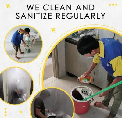 three pictures of a man cleaning a bathroom at Golden Hills 2 Bedroom Apartment in Brinchang