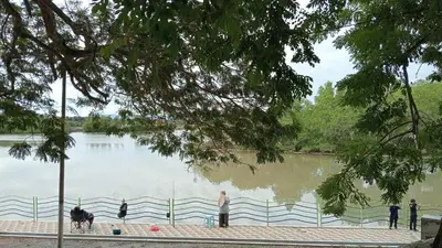 a man standing by a fence near a lake at Eyna Homestay in Sitiawan