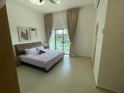 a bedroom with a bed and a large window at Pangkor Villa 16 Homestay 4Rooms 3Bathroom Free WIFI & Karaoke in Pangkor