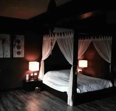 a bedroom with a canopy bed with two lamps at Miracle Suite in Ipoh